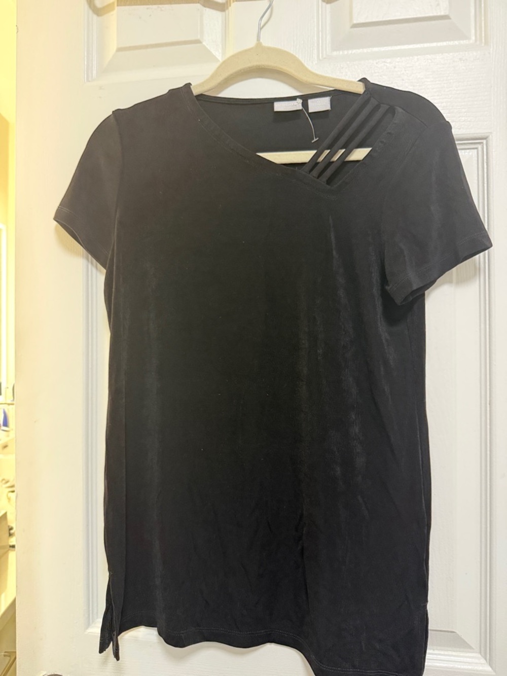 Chico's Black Short-Sleeve V-Neck Top with Ladder Cutout